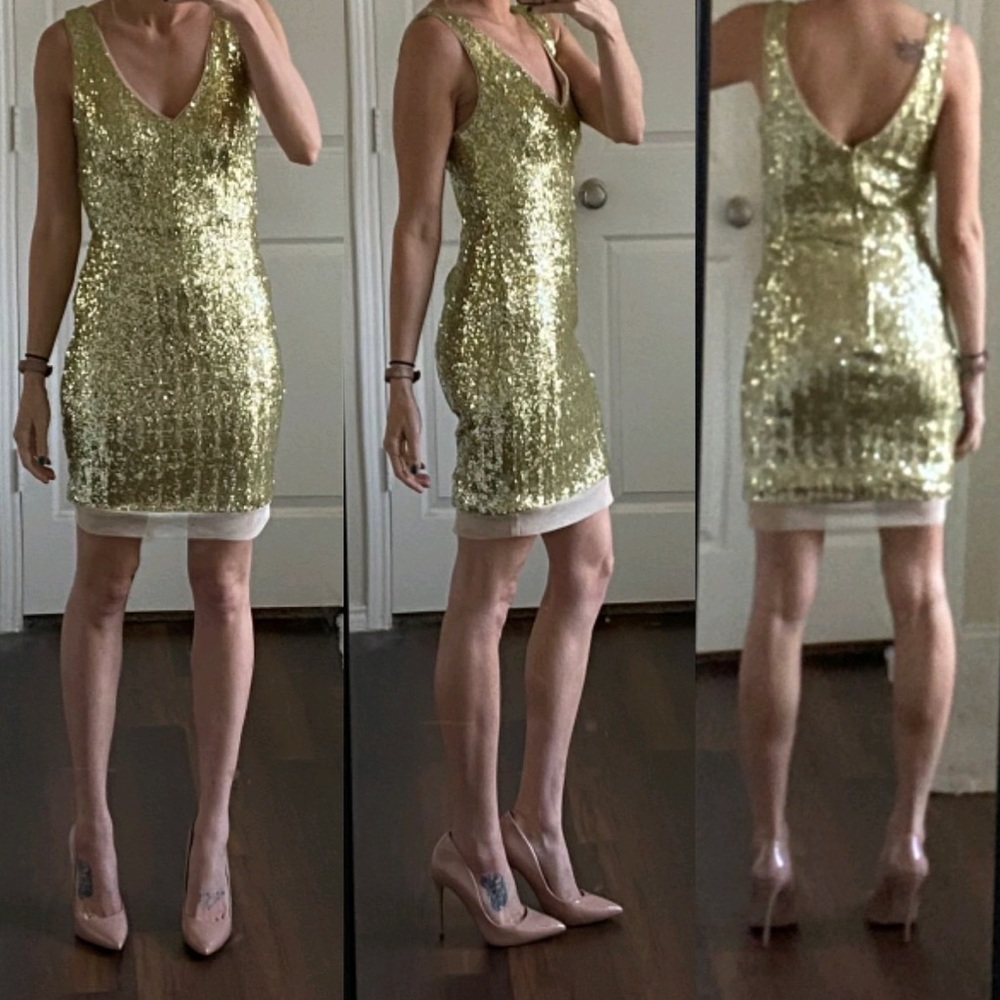 Gold sequin ivory nude mesh sleeveless midi dress